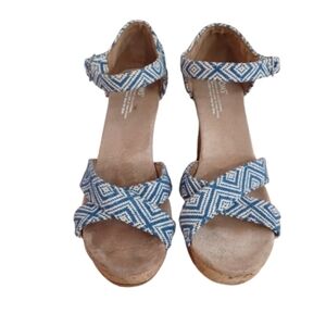 Toms Strappy Size 10 Wide Open Toe Blue Geometric Cork Wedge Sandals Heels Shoes